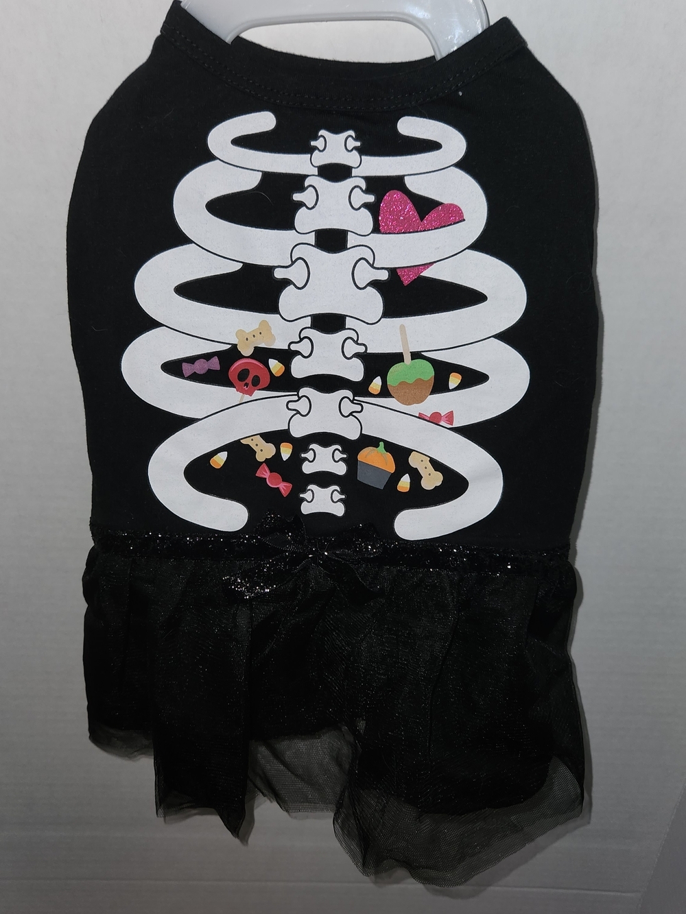 Top Paw Black Ribcage Tulle Dog Dress with Pink Heart and Candy Motif